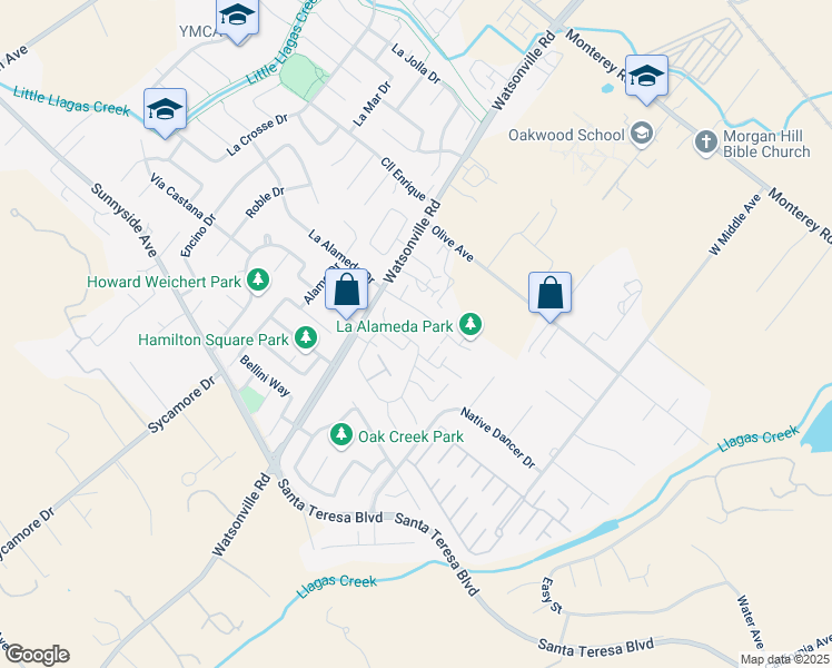 map of restaurants, bars, coffee shops, grocery stores, and more near 15350 Venetian Way in Morgan Hill