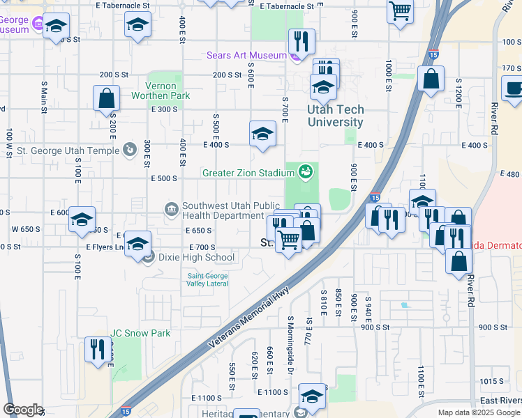map of restaurants, bars, coffee shops, grocery stores, and more near 629 East 600 South in St. George