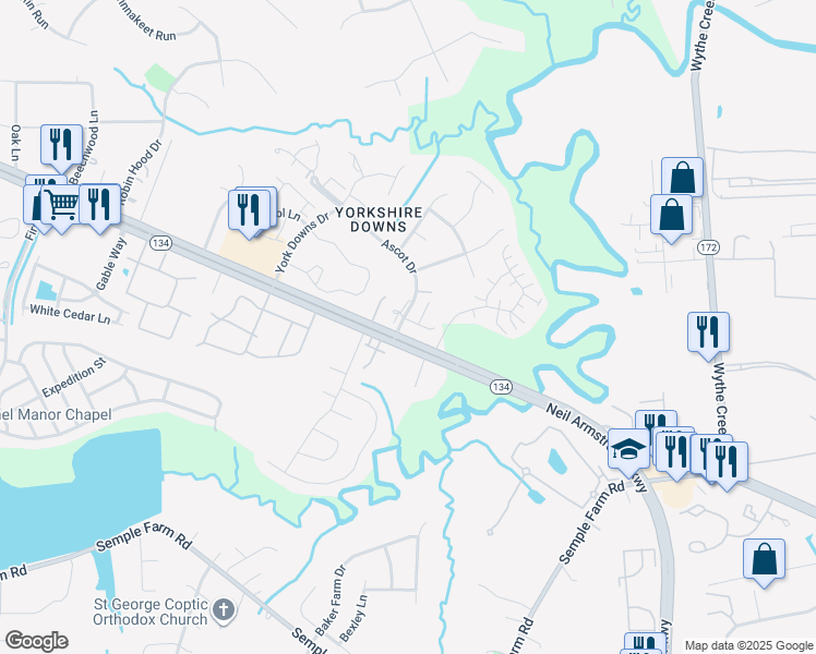 map of restaurants, bars, coffee shops, grocery stores, and more near 24 Salisbury Way in Yorktown