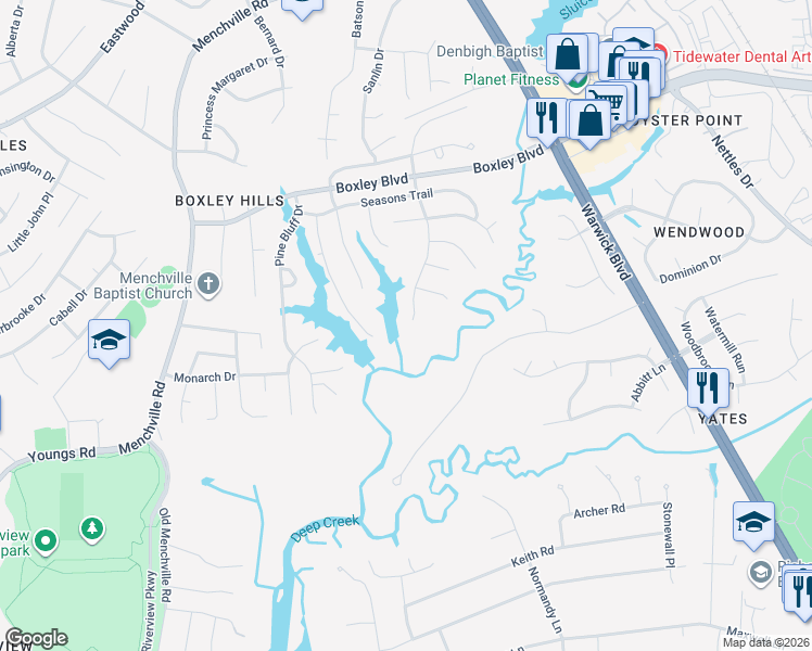 map of restaurants, bars, coffee shops, grocery stores, and more near 313 Summerlake Lane in Newport News