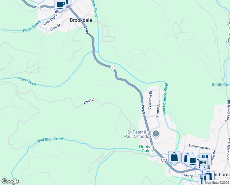 map of restaurants, bars, coffee shops, grocery stores, and more near 10750 Highway 9 in Ben Lomond