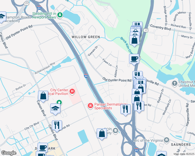 map of restaurants, bars, coffee shops, grocery stores, and more near 14 Guenevere Court in Newport News