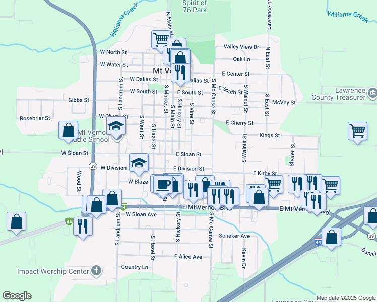 map of restaurants, bars, coffee shops, grocery stores, and more near 710 South Hickory Street in Mount Vernon