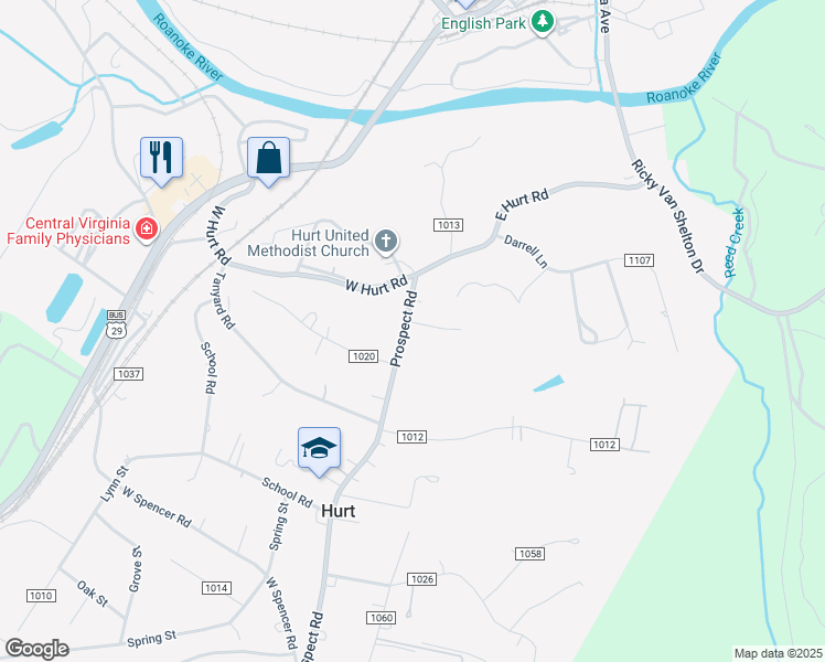 map of restaurants, bars, coffee shops, grocery stores, and more near 114 Prospect Road in Hurt