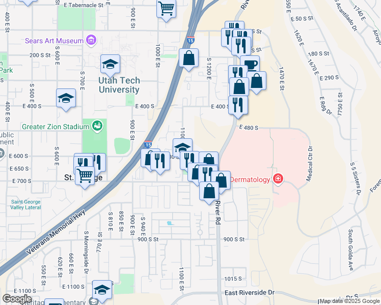 map of restaurants, bars, coffee shops, grocery stores, and more near 575 South 1100 East in Saint George