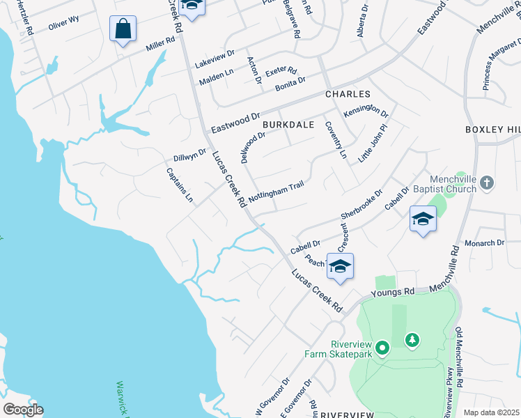 map of restaurants, bars, coffee shops, grocery stores, and more near 105 Saddle Drive in Newport News