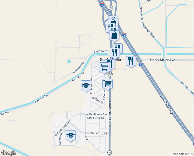 map of restaurants, bars, coffee shops, grocery stores, and more near 229 North Sun Street in Santa Nella