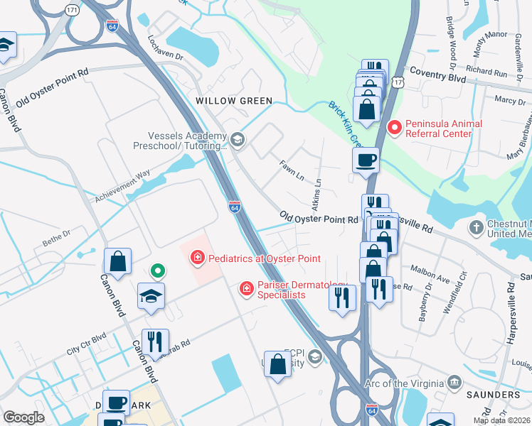 map of restaurants, bars, coffee shops, grocery stores, and more near 14 Guenevere Court in Newport News