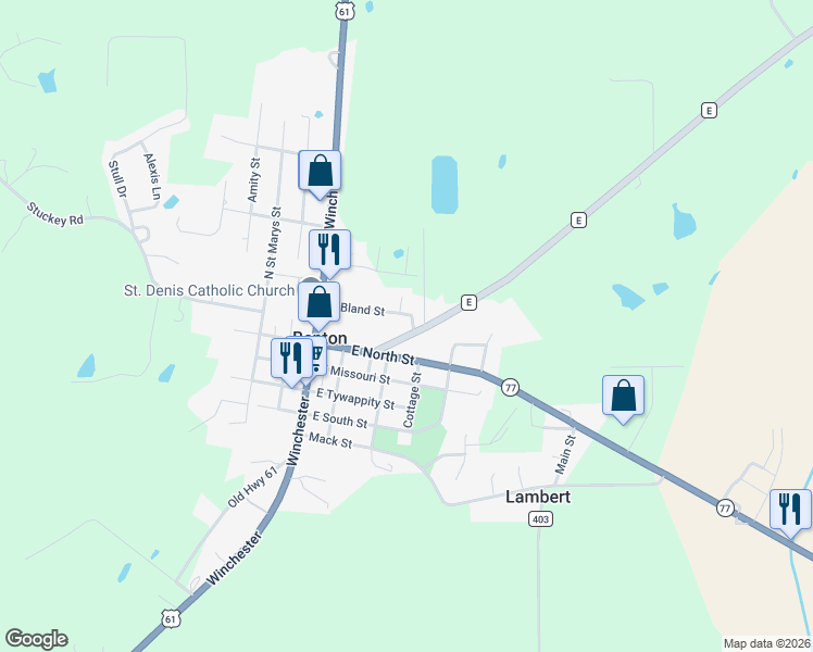 map of restaurants, bars, coffee shops, grocery stores, and more near 221 State Highway E in Benton