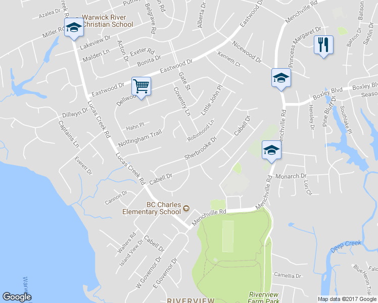 map of restaurants, bars, coffee shops, grocery stores, and more near 227 Sherbrooke Drive in Newport News