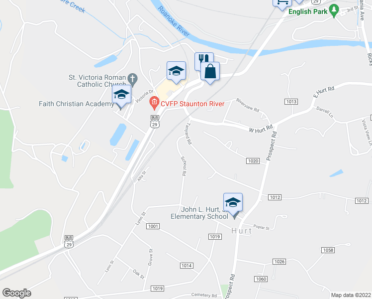 map of restaurants, bars, coffee shops, grocery stores, and more near 233 Tanyard Road in Hurt