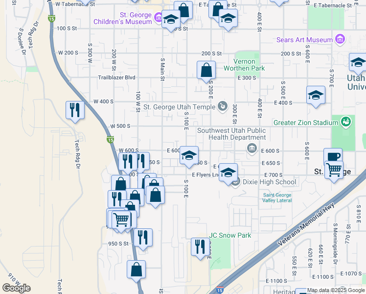 map of restaurants, bars, coffee shops, grocery stores, and more near 91 East 600 South in St. George