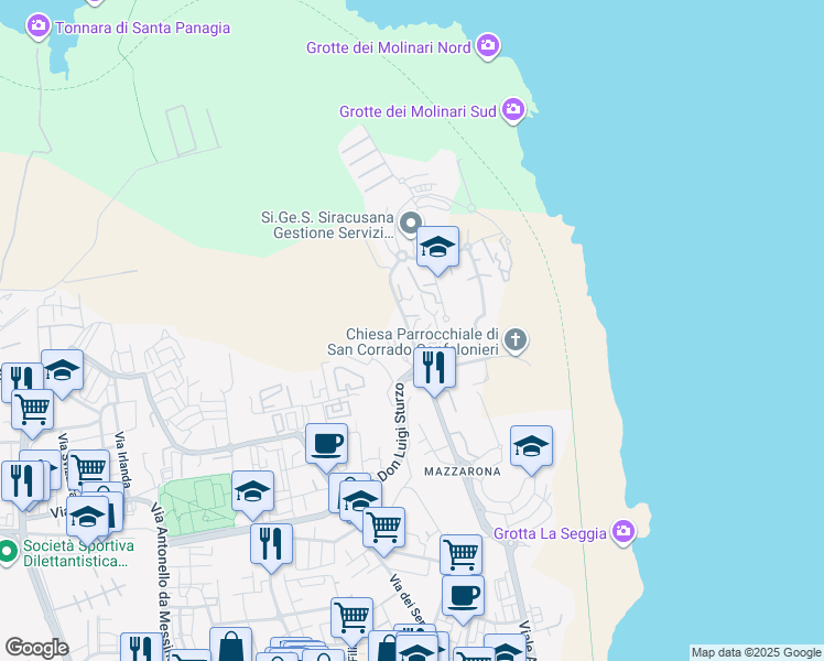 map of restaurants, bars, coffee shops, grocery stores, and more near 1/c Largo Luciano Russo in Siracusa