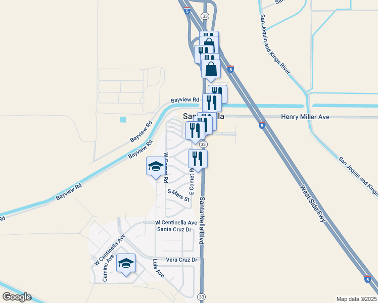 map of restaurants, bars, coffee shops, grocery stores, and more near in Santa Nella