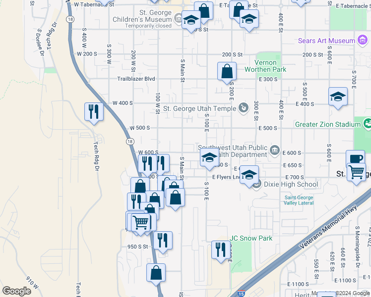 map of restaurants, bars, coffee shops, grocery stores, and more near 35 East 600 South in St. George