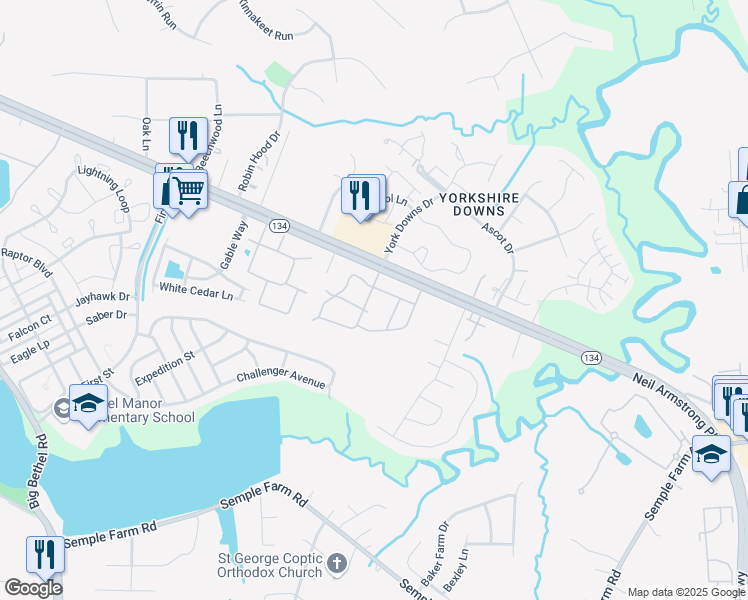 map of restaurants, bars, coffee shops, grocery stores, and more near 300 Windsong Lane in Yorktown