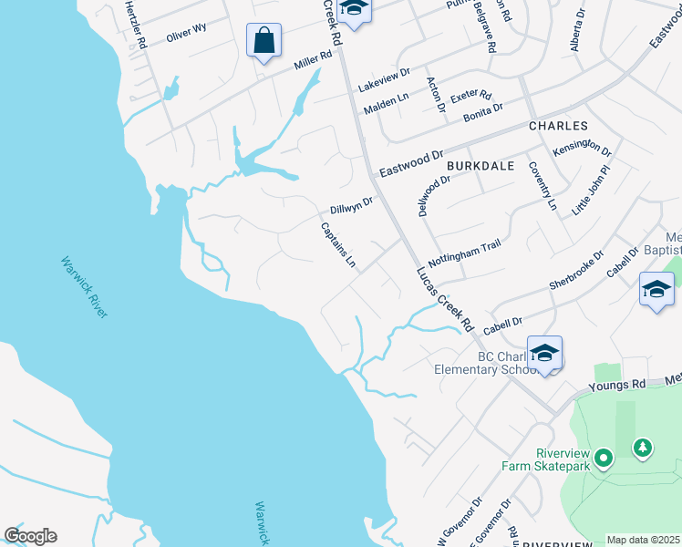 map of restaurants, bars, coffee shops, grocery stores, and more near 24 Holloway Road in Newport News
