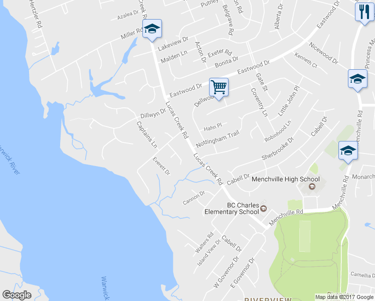 map of restaurants, bars, coffee shops, grocery stores, and more near 93 Lucas Creek Road in Newport News