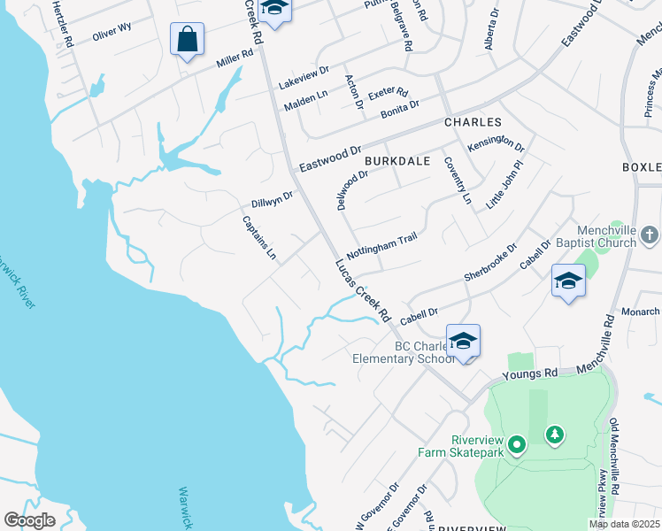 map of restaurants, bars, coffee shops, grocery stores, and more near 93 Lucas Creek Road in Newport News