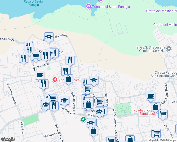 map of restaurants, bars, coffee shops, grocery stores, and more near 8 Via Aldo Carratore in Siracusa