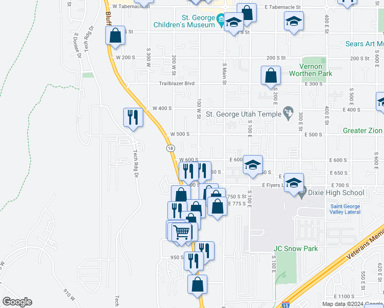 map of restaurants, bars, coffee shops, grocery stores, and more near 574 100 West Street in St. George