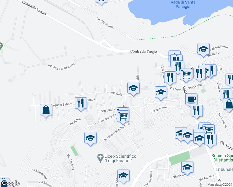 map of restaurants, bars, coffee shops, grocery stores, and more near 40 Via Gela in Siracusa