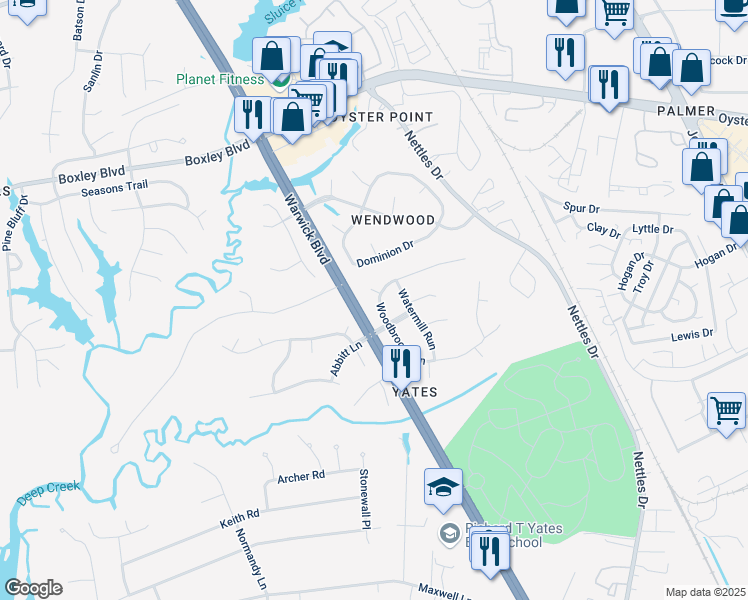 map of restaurants, bars, coffee shops, grocery stores, and more near 305 Woodbrook Run in Newport News