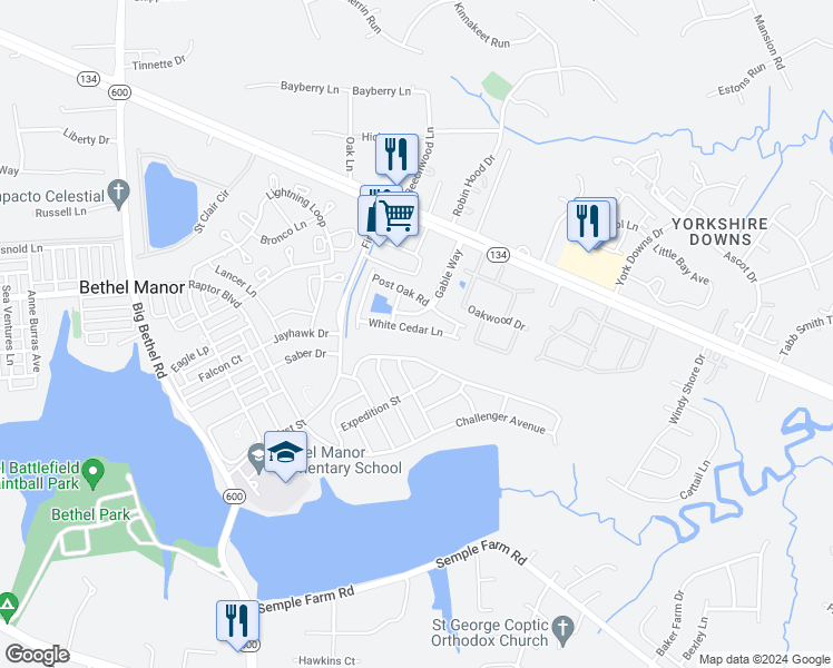 map of restaurants, bars, coffee shops, grocery stores, and more near 142 White Cedar Lane in Yorktown