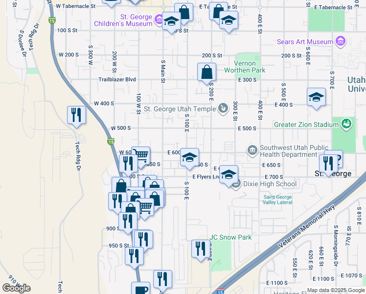 map of restaurants, bars, coffee shops, grocery stores, and more near 53 East 600 South in St. George