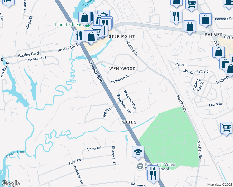 map of restaurants, bars, coffee shops, grocery stores, and more near 305 Woodbrook Run in Newport News
