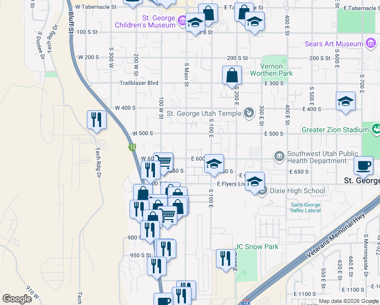 map of restaurants, bars, coffee shops, grocery stores, and more near 575 South Main Street in St. George