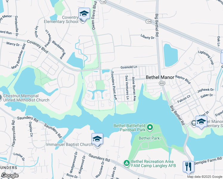 map of restaurants, bars, coffee shops, grocery stores, and more near 407 Wrought Iron Bend in Yorktown
