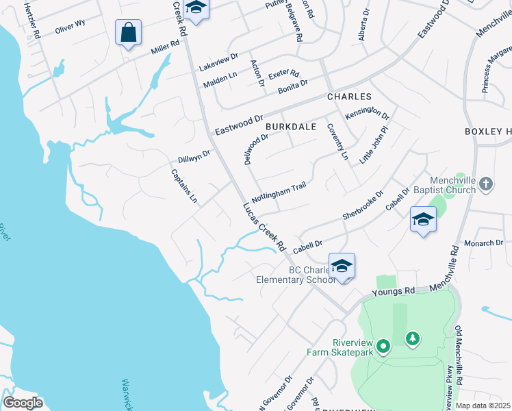 map of restaurants, bars, coffee shops, grocery stores, and more near 102 Nottingham Trail in Newport News
