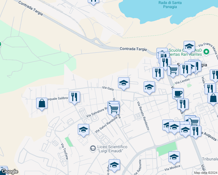 map of restaurants, bars, coffee shops, grocery stores, and more near 40 Via Gela in Siracusa