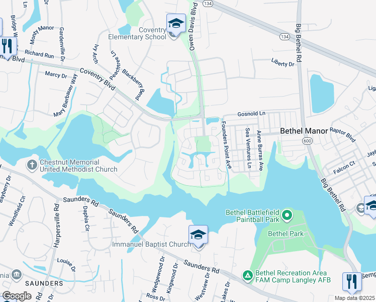map of restaurants, bars, coffee shops, grocery stores, and more near 405 Kingston Court in Yorktown