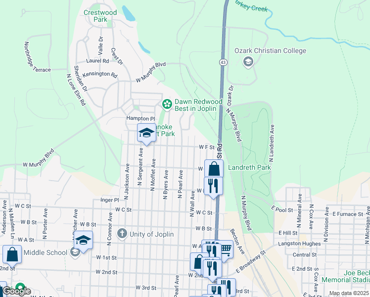 map of restaurants, bars, coffee shops, grocery stores, and more near 624 North Pearl Avenue in Joplin