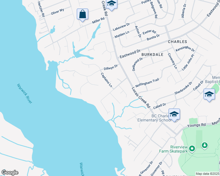 map of restaurants, bars, coffee shops, grocery stores, and more near 103 Captains Lane in Newport News