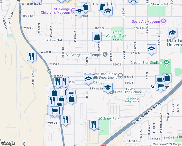 map of restaurants, bars, coffee shops, grocery stores, and more near 142 East 500 South in St. George