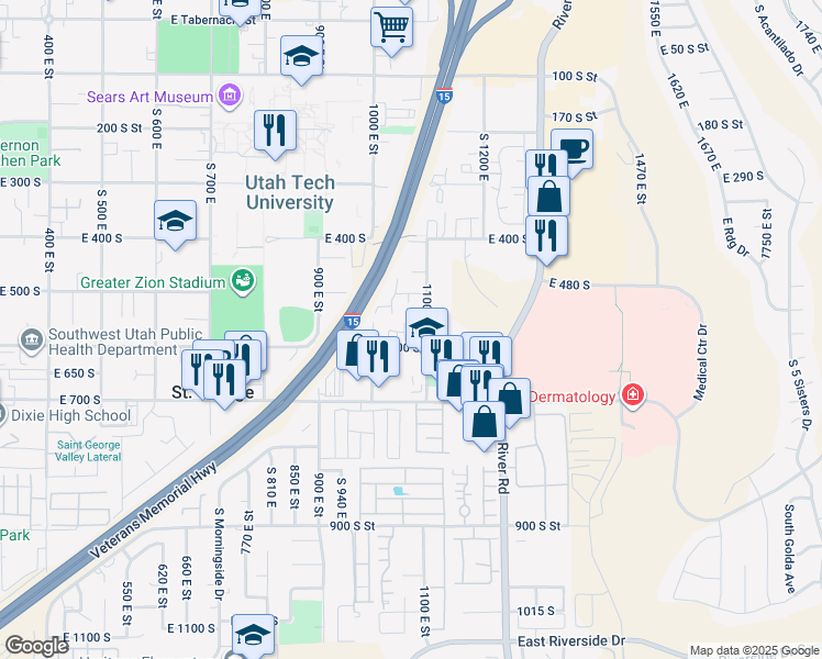 map of restaurants, bars, coffee shops, grocery stores, and more near 1085 East 600 South in St. George