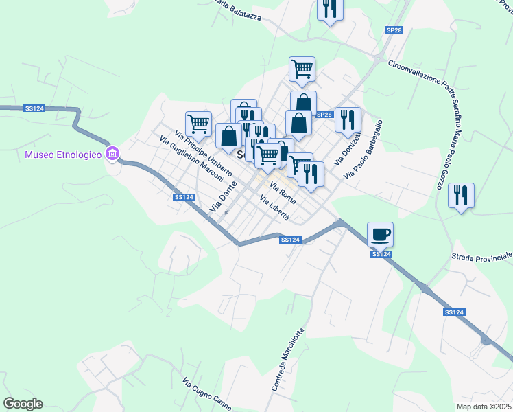 map of restaurants, bars, coffee shops, grocery stores, and more near 22 Via Giacomo Puccini in Solarino