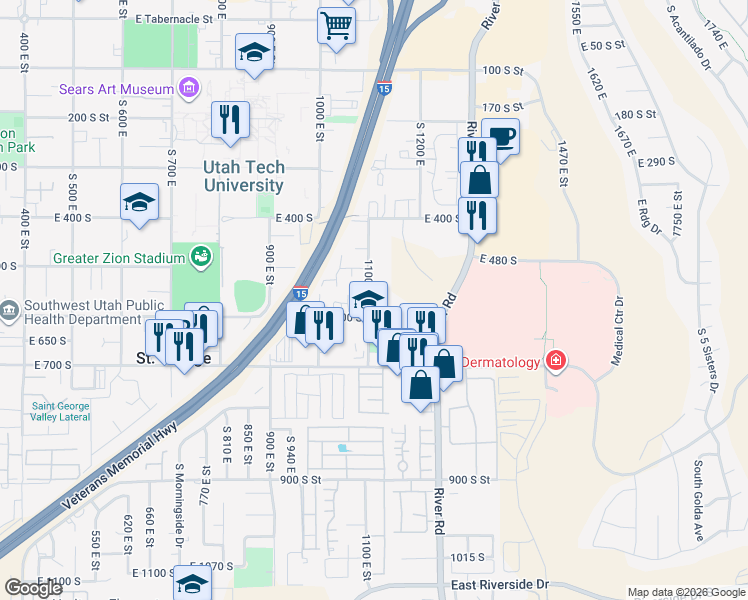 map of restaurants, bars, coffee shops, grocery stores, and more near 575 South 1100 East in St. George