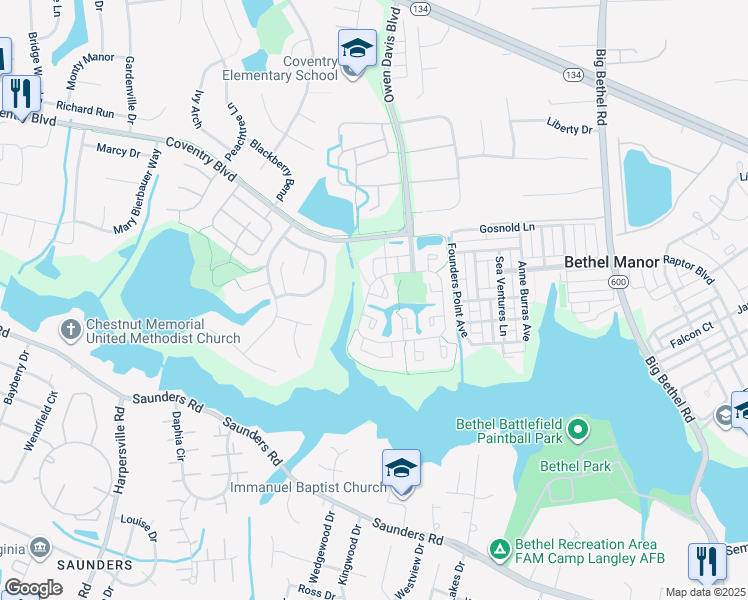 map of restaurants, bars, coffee shops, grocery stores, and more near 503 Kingston Court in Yorktown