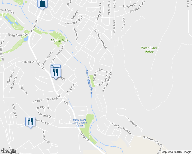 map of restaurants, bars, coffee shops, grocery stores, and more near 583 1360 West Street in Saint George
