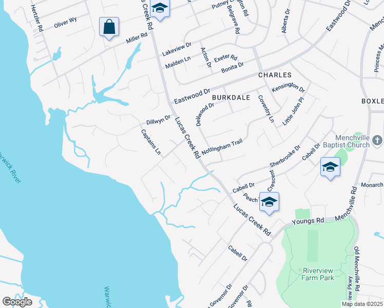 map of restaurants, bars, coffee shops, grocery stores, and more near 95 Lucas Creek Road in Newport News