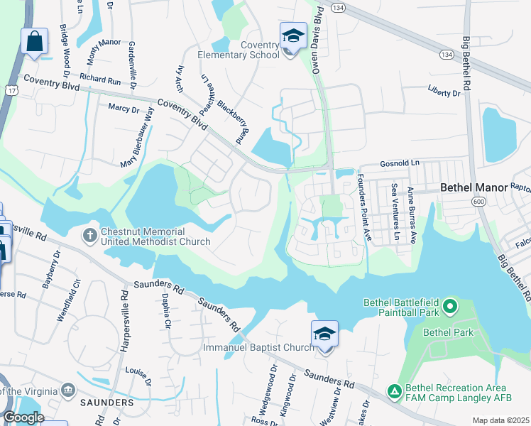 map of restaurants, bars, coffee shops, grocery stores, and more near 233 Judith Circle in Yorktown