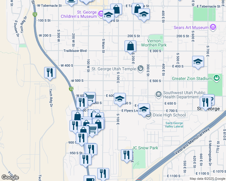 map of restaurants, bars, coffee shops, grocery stores, and more near 53 East 600 South in St. George