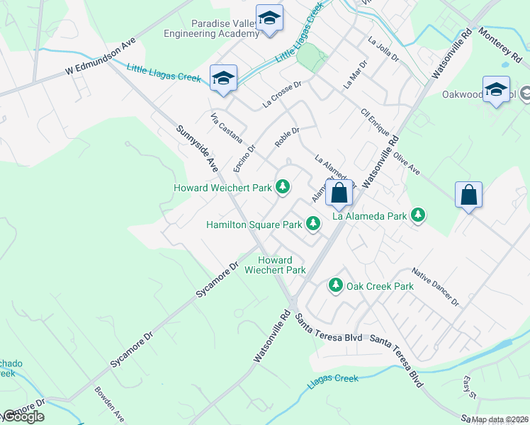 map of restaurants, bars, coffee shops, grocery stores, and more near 15415 Sierra Morena Court in Morgan Hill