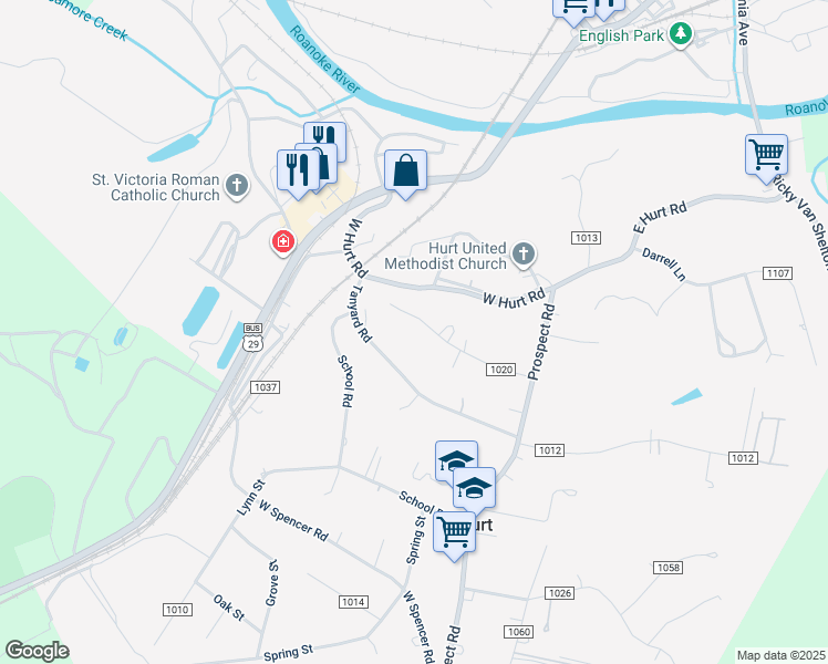 map of restaurants, bars, coffee shops, grocery stores, and more near 207 Ridge Street in Hurt