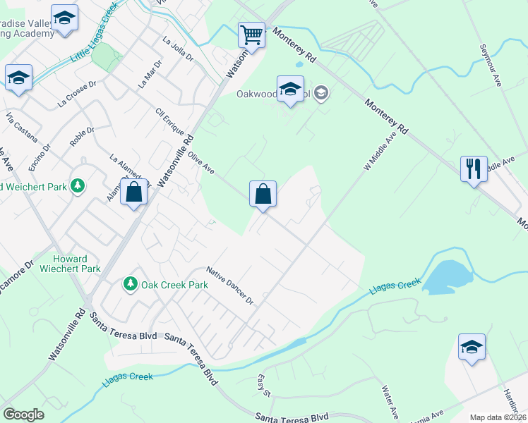 map of restaurants, bars, coffee shops, grocery stores, and more near Olive Ave & Bonner Ct in Morgan Hill