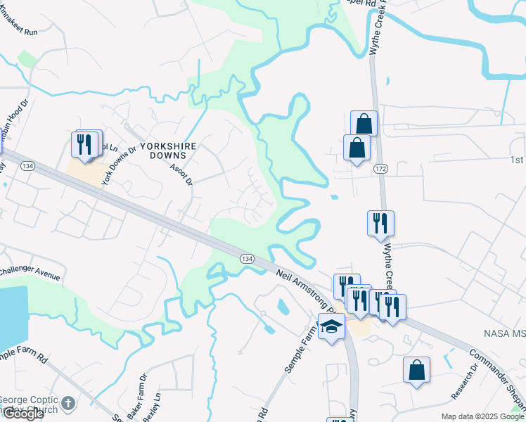 map of restaurants, bars, coffee shops, grocery stores, and more near 406 Tabb Smith Trail in Yorktown